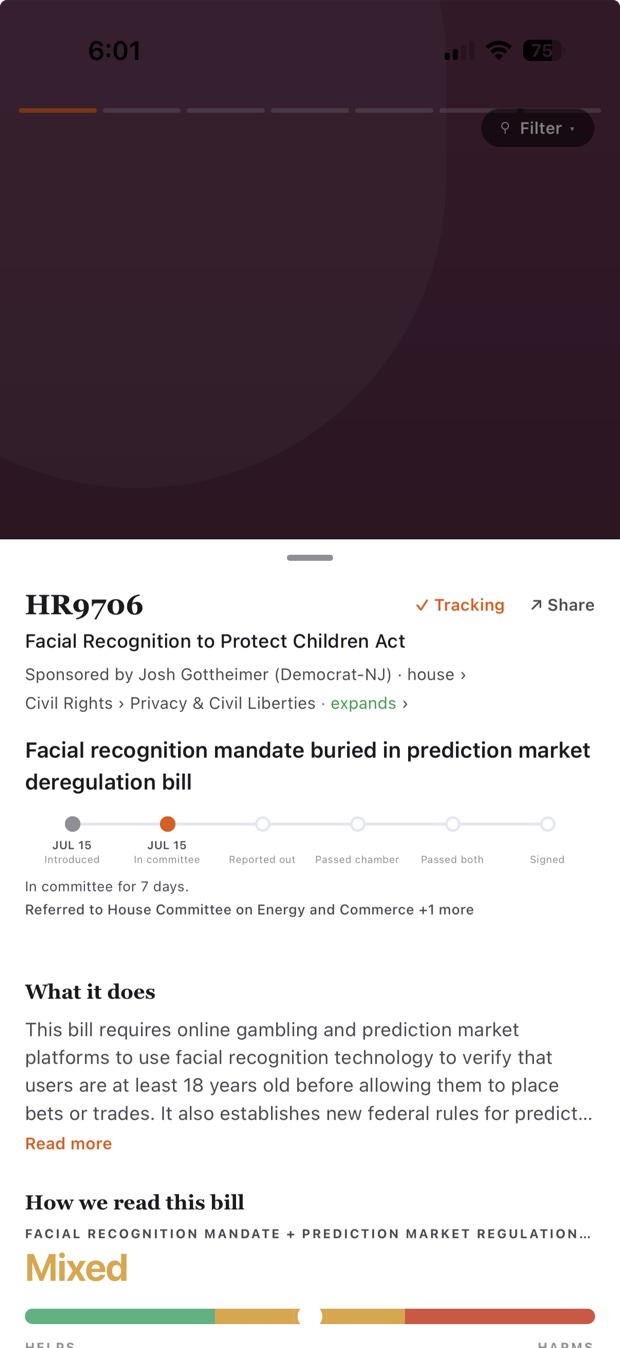 QuorumCivic bill detail for the Facial Recognition to Protect Children Act, showing the sponsor, a status timeline from introduced to signed, a plain-English summary of what it does, and a Helps-to-Harms reading.