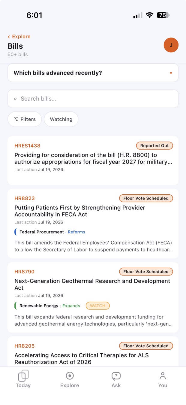 QuorumCivic bill browser listing recent legislation such as the Next-Generation Geothermal Research and Development Act, with status badges like Floor Vote Scheduled and plain-English summaries.