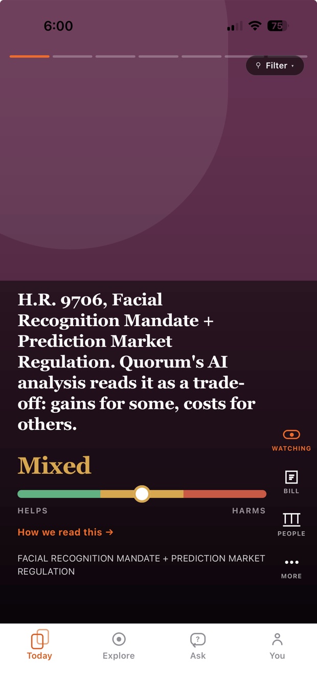 A QuorumCivic swipe card rating H.R. 9706, a facial recognition age-verification bill, as Mixed on a Helps-to-Harms scale.
