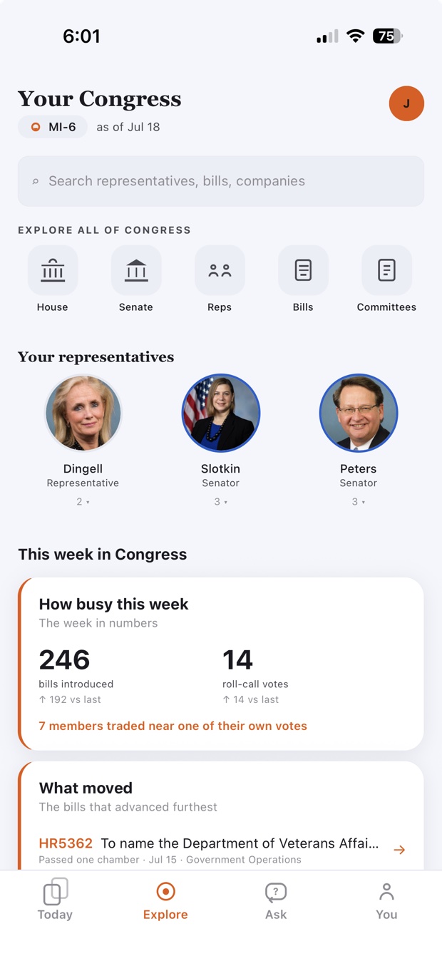 QuorumCivic Your Congress dashboard for a Michigan district, with the user's three representatives, shortcuts to the House, Senate, bills, and committees, and a week-in-Congress recap noting members who traded near their own votes.